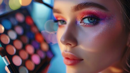 A makeup artist applying vibrant eyeshadow on a model