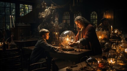 An atmospheric depiction of an alchemist showing a glowing orb to a young boy in a dark, fantasy workshop
