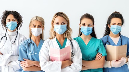 A public health poster with diverse healthcare workers wearing masks and holding informative brochures
