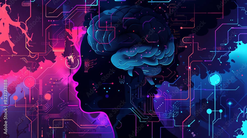 Poster abstract digital artwork depicting a human brain and neural pathways in vibrant colors, symbolizing 