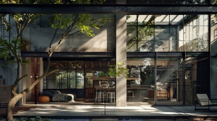 Suburban house of industrial design, characterized by materials such as steel, concrete and glass. generative ai