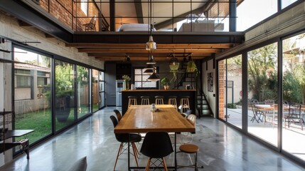 Suburban house of industrial design, characterized by materials such as steel, concrete and glass. generative ai