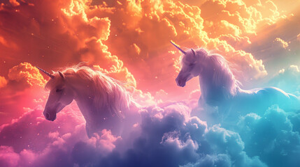 Unicorn standing on rainbow among clouds, dreamy sky, close up, magical realm, vibrant, overlay, ethereal clouds backdrop