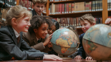 Children and Teacher Examining Globe in Library