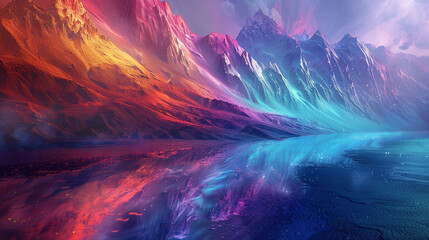 Surreal landscapes with vibrant colors, otherworldly scenery, close up, dreamlike terrain, dynamic, blend mode, fantastical mountains backdrop