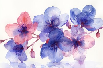 A painting of a bouquet of flowers with blue and pink petals. The painting has a serene and calming mood