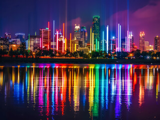 A city skyline is lit up with colorful lights reflecting on the water.
