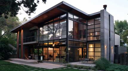Suburban house of industrial design, characterized by materials such as steel, concrete and glass. generative ai