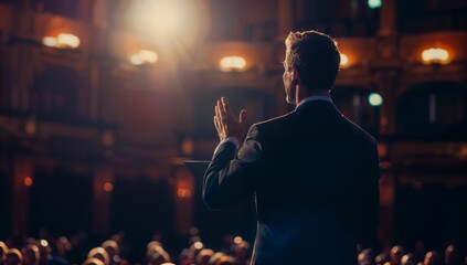Authoritative male executive delivering a speech, commanding attention with a powerful presence