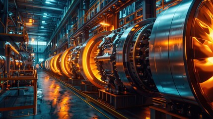 Energy transformation scene in a factory setting, side view of gigantic turbines converting kinetic energy to electrical power
