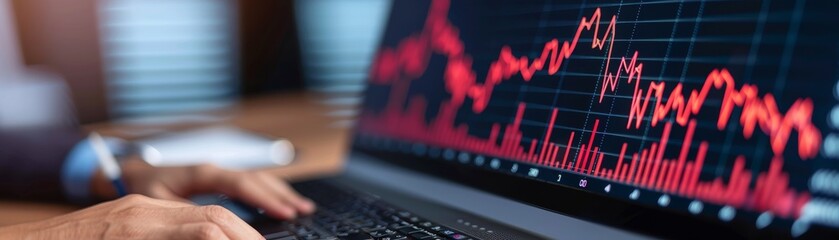 Fototapeta premium Graph with a downwardtrending line and a person viewing the data on a computer monitor, business recession, stock photo, high resolution