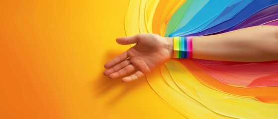 A hand is painted in rainbow colors on a yellow background. LBGTQ people pride symbol