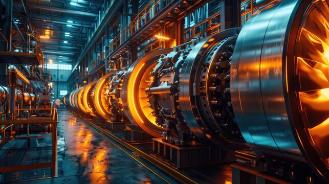 Energy transformation scene in a factory setting, side view of gigantic turbines converting kinetic energy to electrical power