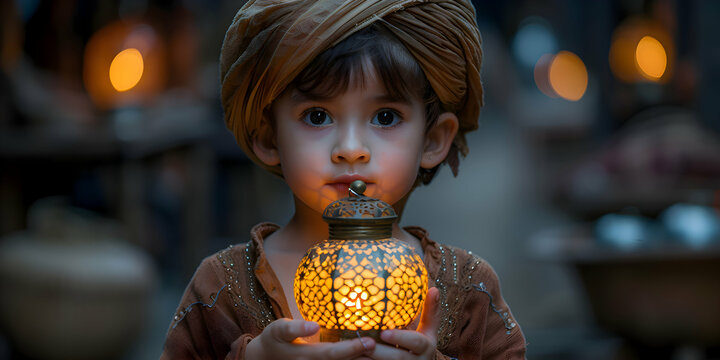 A child holding a traditional Islamic lantern during Eid-al-Adha, with its warm light illuminating their face