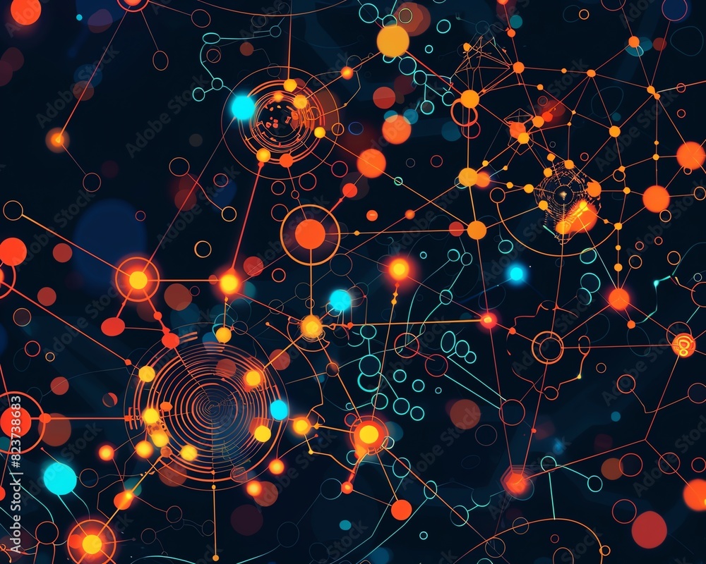 Aufkleber abstract digital network with bright dots and lines on a dark background, representing modern techno