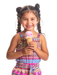 Naklejka premium Gorgeous little Hispanic girl holding ice cream and wearing colorful clothes. Isolated over white transparent background