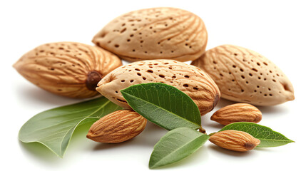 Close-Up of Whole Almonds with Green Leaves on White Background
