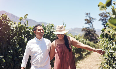 Couple, happy and vineyard date in nature for bonding, anniversary or honeymoon with blue sky in...