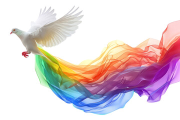 Obraz premium A white dove soars through a colorful swirl of fabric, symbolizing peace, hope, and unity.