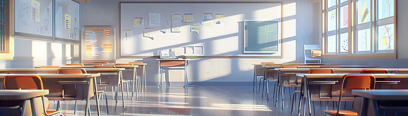 Classroom Floor: Displaying desks, chairs, whiteboards, educational materials, and students engaged in learning