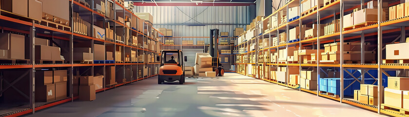 Warehouse Floor: Featuring shelves, pallets, boxes, forklifts, and workers moving inventory
