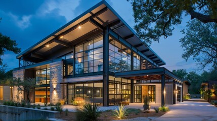 Suburban house of industrial design, characterized by materials such as steel, concrete and glass. generative ai