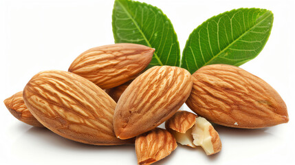Close-Up of Whole Almonds with Green Leaves on White Background