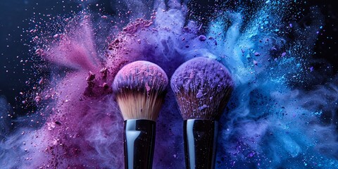 In a close-up, a black makeup brush demonstrates colorful powder, epitomizing beauty and glamour