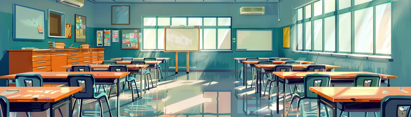 Classroom Floor: Displaying desks, chairs, whiteboards, educational materials, and students engaged in learning