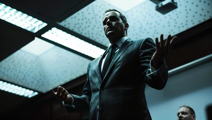 Assured businessman addressing a room, projecting an air of authority and decisiveness