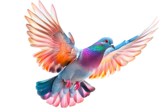 A vibrant dove with colorful wings in flight, isolated on a white background.