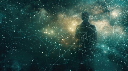 An abstract visual of a human silhouette filled with a galaxy of digital data points and interconnected networks, against a dark, starry background, highlighting the vast digital connections