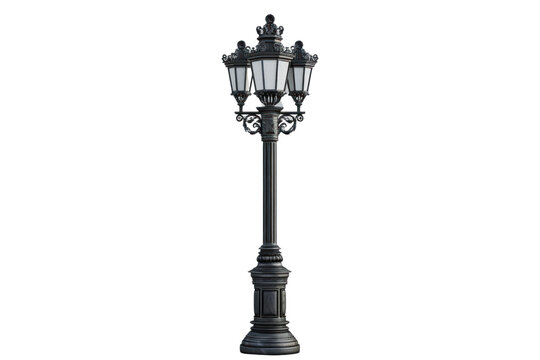 A classic, ornate street lamp with three lights against a white background.