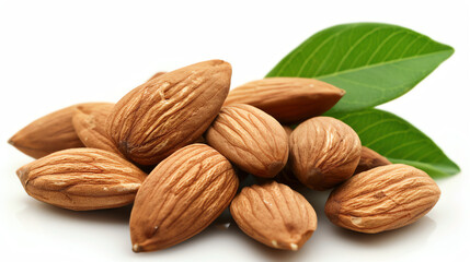 Fototapeta premium Close-Up of Whole Almonds with Green Leaves on White Background