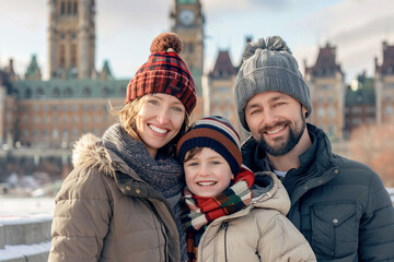 Family portrait in London Bridge during winter season. Family vacations concept