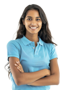 Young Indian 18 year old woman wearing blue polo t-shirt uniform for job. Isolated over transparent background
