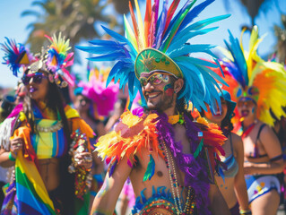 Scene is lively and festive, as the people are dressed up. LBGTQ people pride symbol