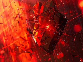 Fototapeta premium Shattered Cybersecurity Shield Dramatic Retro Futuristic Backdrop with Dispersing Metal Shards and Flowing Data Streams