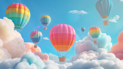 Fototapeta premium A colorful hot air balloon with a rainbow pattern is flying in the sky. LBGTQ people pride symbol