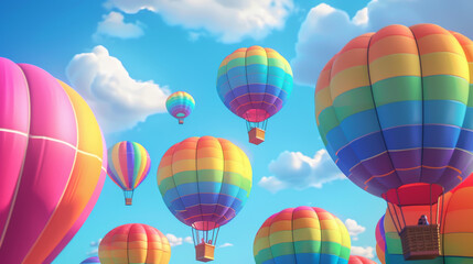 A group of colorful hot air balloons are flying in the sky. LBGTQ people pride symbol