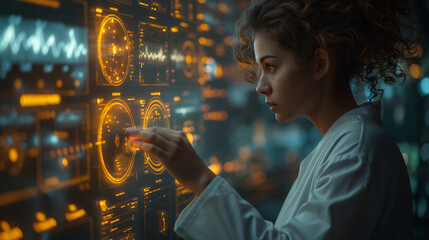 Young Woman Operating Futuristic Touchscreen Interface in High-Tech Lab