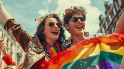 Two people are holding rainbow flags and smiling. LBGTQ people pride symbol