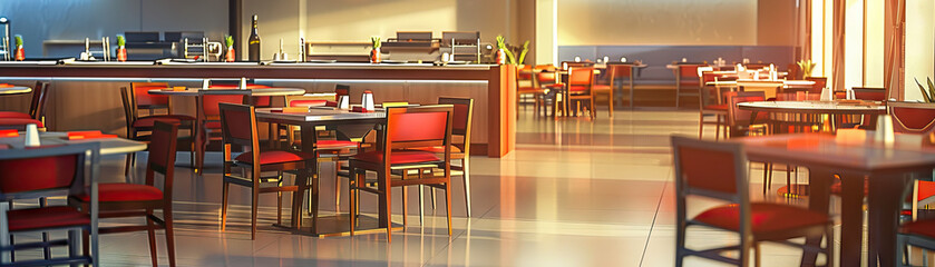 Restaurant Floor: Displaying tables, chairs, kitchen equipment, and servers attending to customers