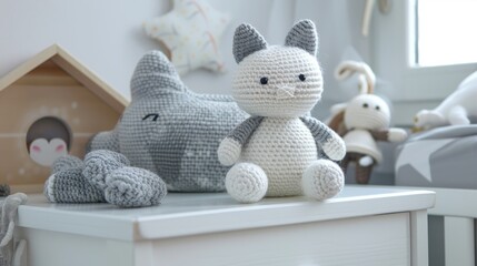 handmade crochet kitten doll on white dresser in baby room generative ai