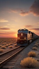 Obraz premium A freight train passing through barren plains with a beautiful sunset in the background.