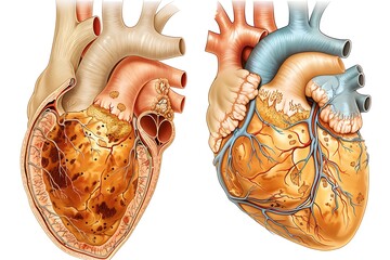 Cardiology illustration of heart failure showing differences between a healthy heart and one with heart failure