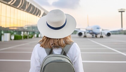 Fototapeta premium Young woman traveler with backpack and hat at the airport. Travel concept