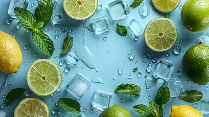 Fresh lemons and limes with ice cubes on a blue background.
