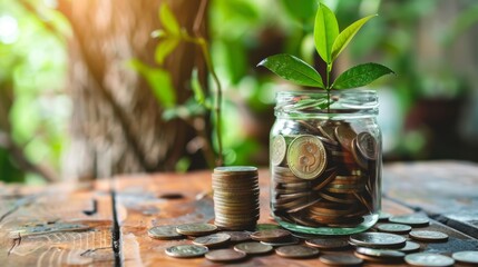 A jar full of coins and growing like a plant. Passive income and savings concept