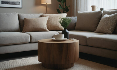 Round wooden coffee table near wooden sofa with beige pillows. Scandinavian home interior design of modern living room.